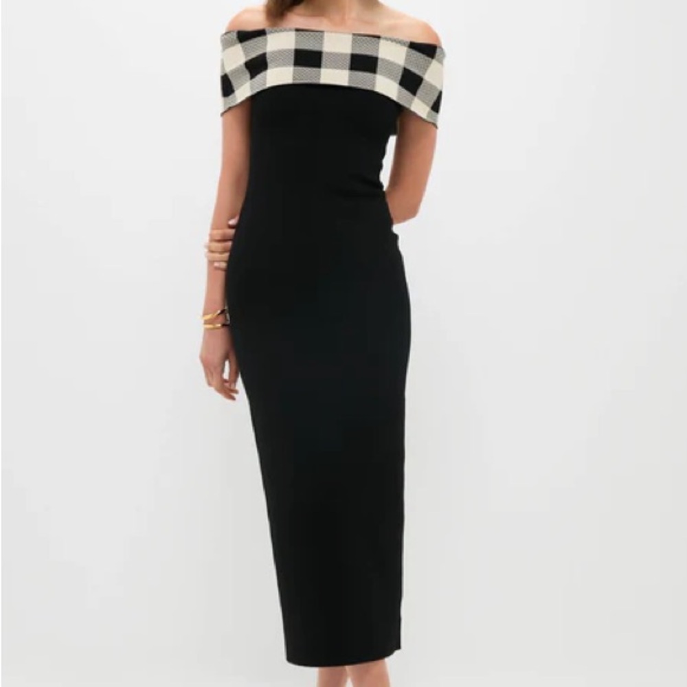 Posse Chic Off-Shoulder Black Midi Dress with Checkered Detail